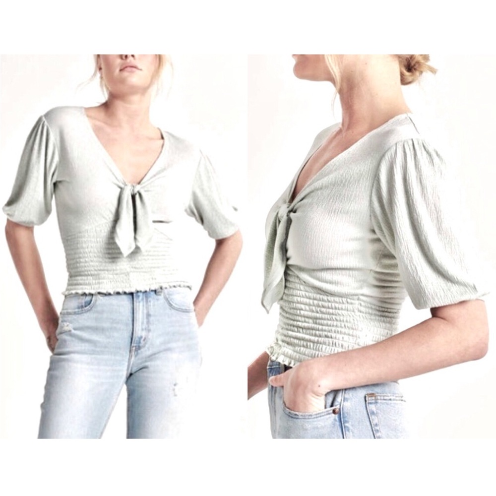 Abercrombie & Fitch White Short Sleeve Smocked Tie Front Boho Romantic Top